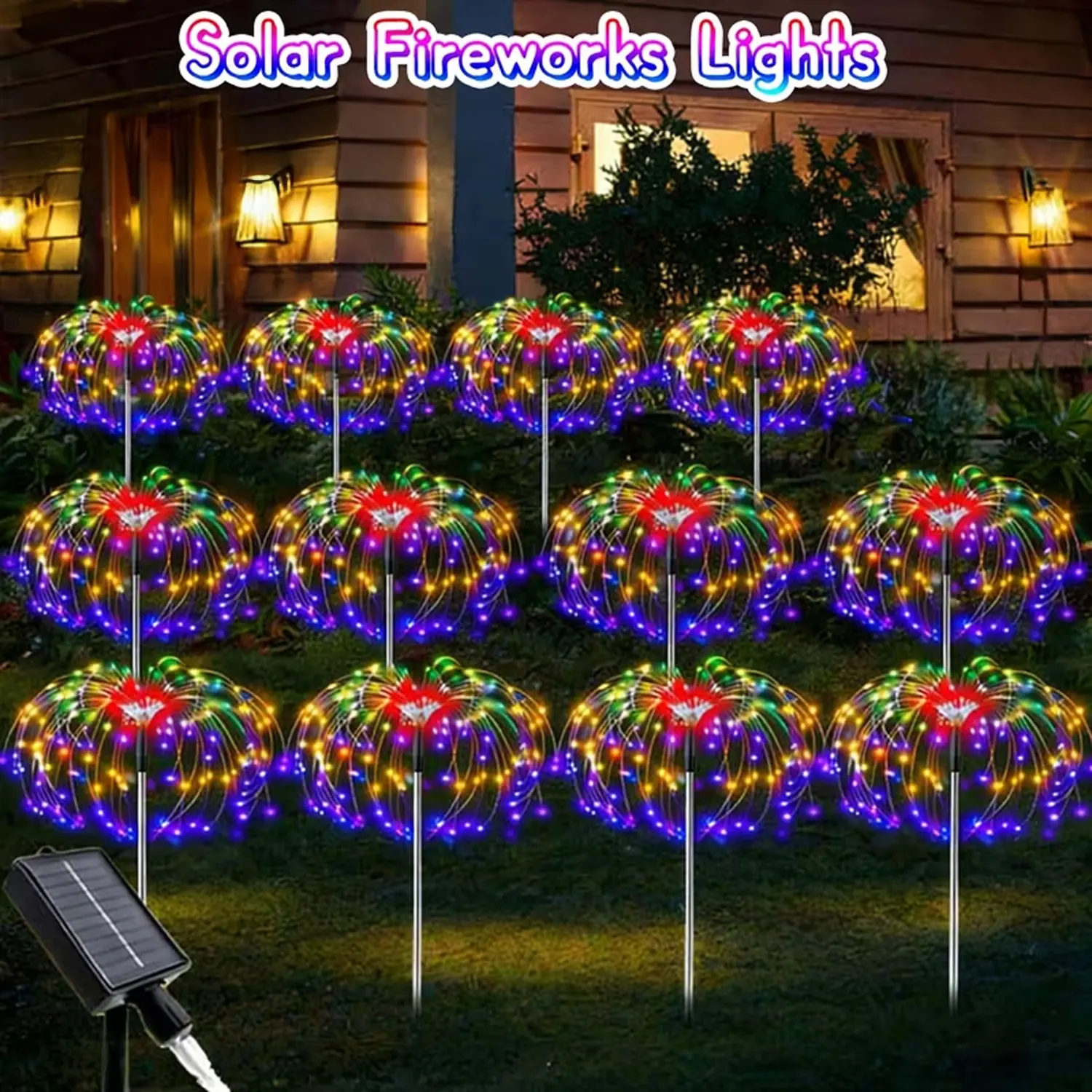 12 Pack-720 LED Outdoor Solar Garden Lights,  Copper Wire Waterproof Garden Fireworks Lamp with Remote, 8 Modes Decorative Sparkles Stake Landscape Light for Pathway Lawn Decor (Colorful/Warm)