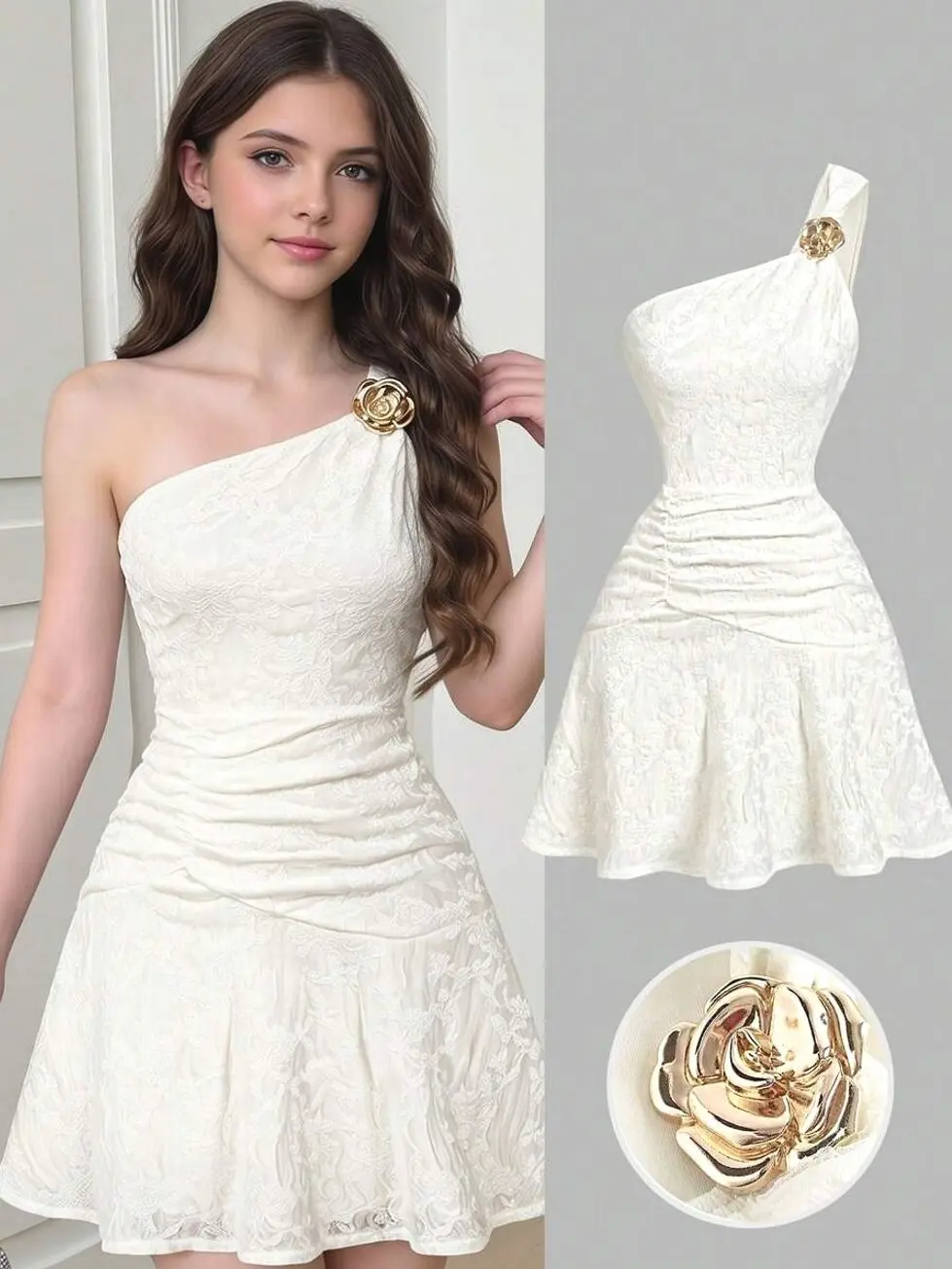 Teen Girls Apricot Knitted Jacquard Mini Dress, Elegant One Shoulder Ruffle Hem Party Dress