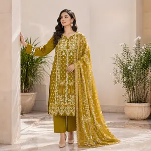 ZAROORI Mustard Gold Cotton Embroidered Pakistani 3-Piece Suit – Ivory Thread Work with Embroidered Dupatta | Article No: ZR-622