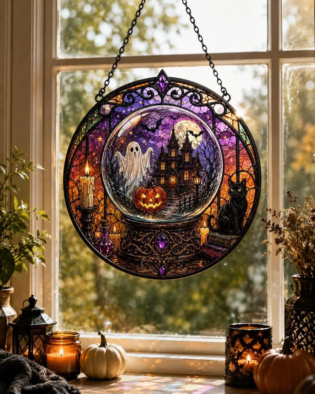 Halloween Crystal Ball Suncatcher, Stained Glass Ghost Window Hanging, Black Cat Haunted House Decor, Witchy Fall Gift