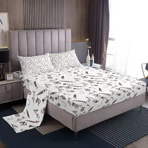 Fishing Bed Sheets,Hunt Fishhooks Print Bedding Set Men Adult Cabin Room Decor,Fishing Lovers Fitted Sheet Vintage Brown White Top Flat Sheet
