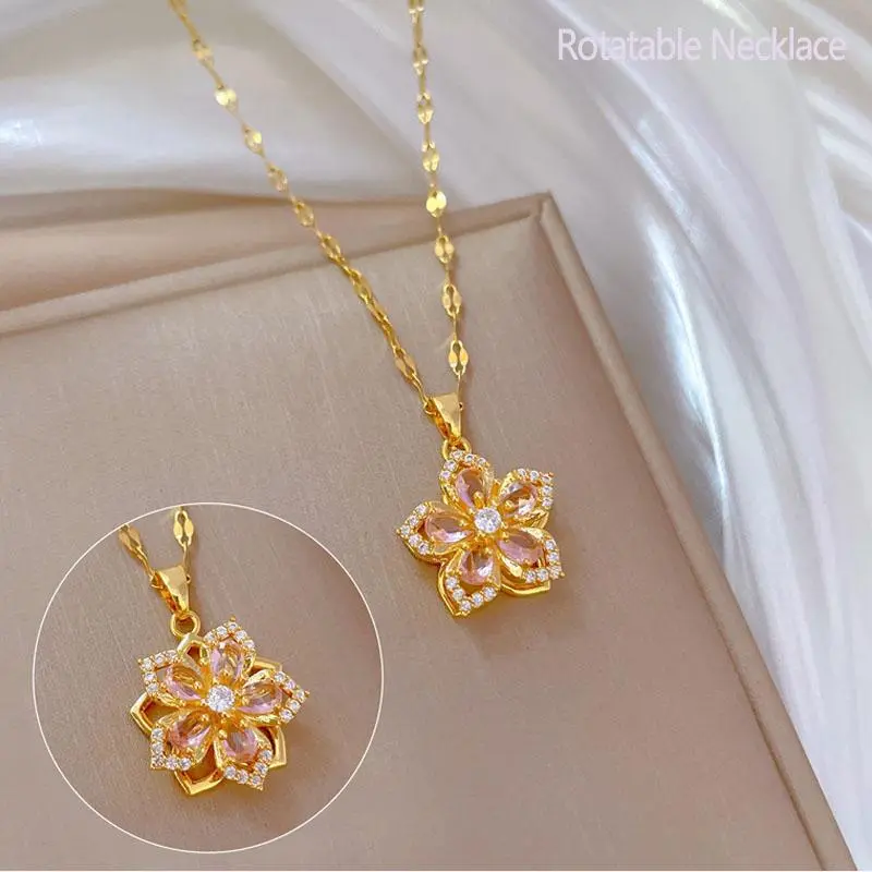 Creative Rotatable Pink Flower Necklace For Women Titanium Steel Rotatable Spinner Clavicle Choker Anti Stress Anxiety Jewelry
