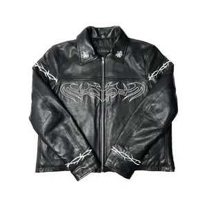 Elisium Opus 1 Premium Leather Jacket Midnight Black Embroidered with Opulent Silver Zipper and Genuine Lambskin Leather