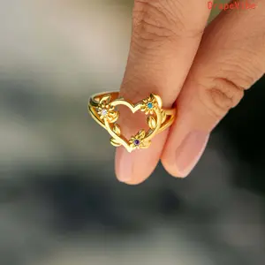 Women's Hollow Heart Open Birthstone Ring - 12 Birthstone Design, DIY Adjustable Decorative Gold Ring with Gemstone Accents, Engraved for Daily Wear, Birthstone Rings, Heart Rings