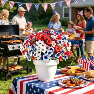 15 Bundles Outdoor Artificial Flowers, Non-Fading Fake Plastic Plants, Patriotic Blue Decor for July 4th Independence Day