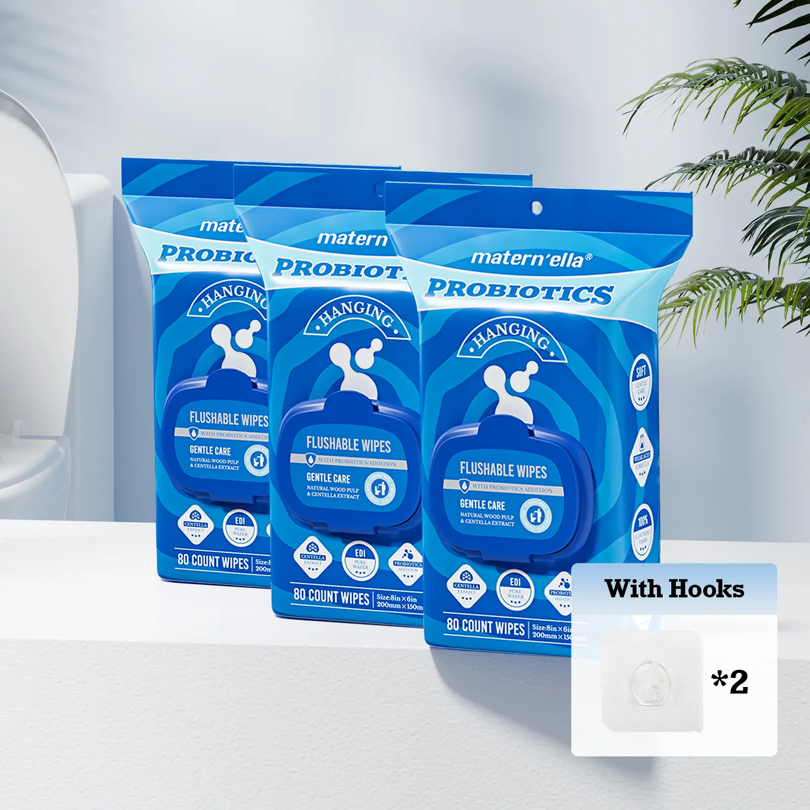 matern'ella Hanging Flushable Wipes Unscented Extra Large Corner-Connected Wet Wipes Adult Plant Based Fibers with Probiotics Alcohol Free Sewer Safe Butt Wipes Travel 3 Packs of 240 Wipes Toilet