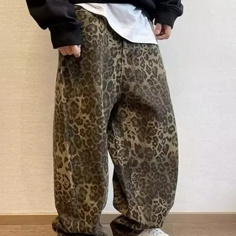 Men's Leopard Print Loose Fit Denim Trousers High-Quality Oversized Baggy Jeans for Casual Outings Classic Style Summerwins