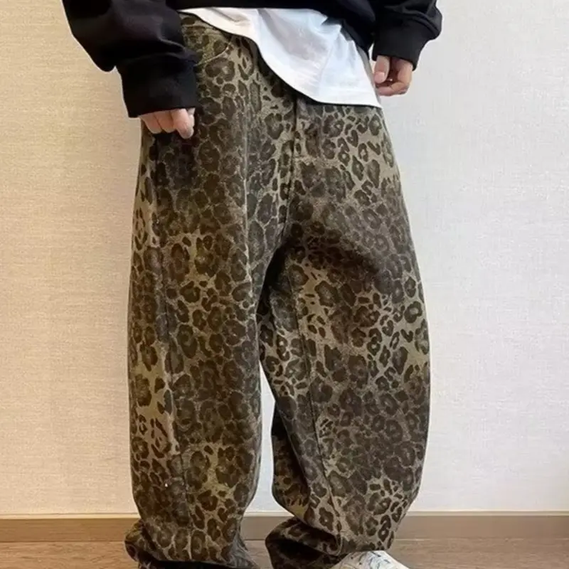 Men's Leopard Print Loose Fit Denim Trousers High-Quality Oversized Baggy Jeans for Casual Outings Classic Style Summerwins