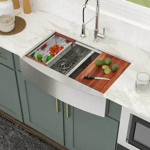Logmey 33"x21" Stainless Steel Workstation Sink with Drain Rack, 16 Gauge Apron Front Sink - Dual Bowl 50/50 Farmhouse Kitchen Sink with Low Divider, Memorial day
