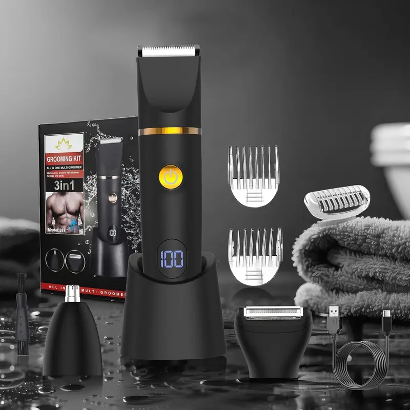 Body Hair Trimmer 3-in-1 Electric Groomer - Smooth Ceramic Blades, Waterproof Rechargeable Trimmer with Foil Shaver & Nose Trimmer, Fast Type-C Charging, Lightweight Travel Body Groomer for Groin, Face, Beard
