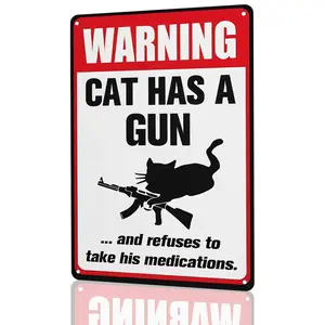Funny "Cat & Dog Has a Gun & Won't Take Meds" Aluminum Sign| 8x12 Inch Humorous Warning Decor for Home & Yard| Vintage Metal Wall Art with Pre-Drilled Holes| Indoor/Outdoor Ready, Easy to Hang