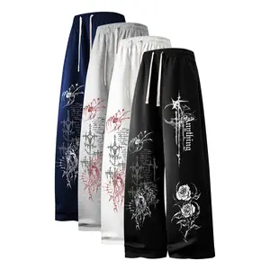 Mens Light Gray Oversized Wide Leg Sweatpants Red Rose/Cross/TexGraphic Streetwear 2000s Outfits Comfy Casual Going Out Fits Gifts for Him Trendy Mens Clothing Everyday Wear