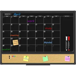Black Calendar Dry Erase Board & Bulletin Board Combo, 24 x 18 Inch Dry Erase Board for Liquid Chalk Markers, Black  Frame for Office  and School with 10 Push Pins