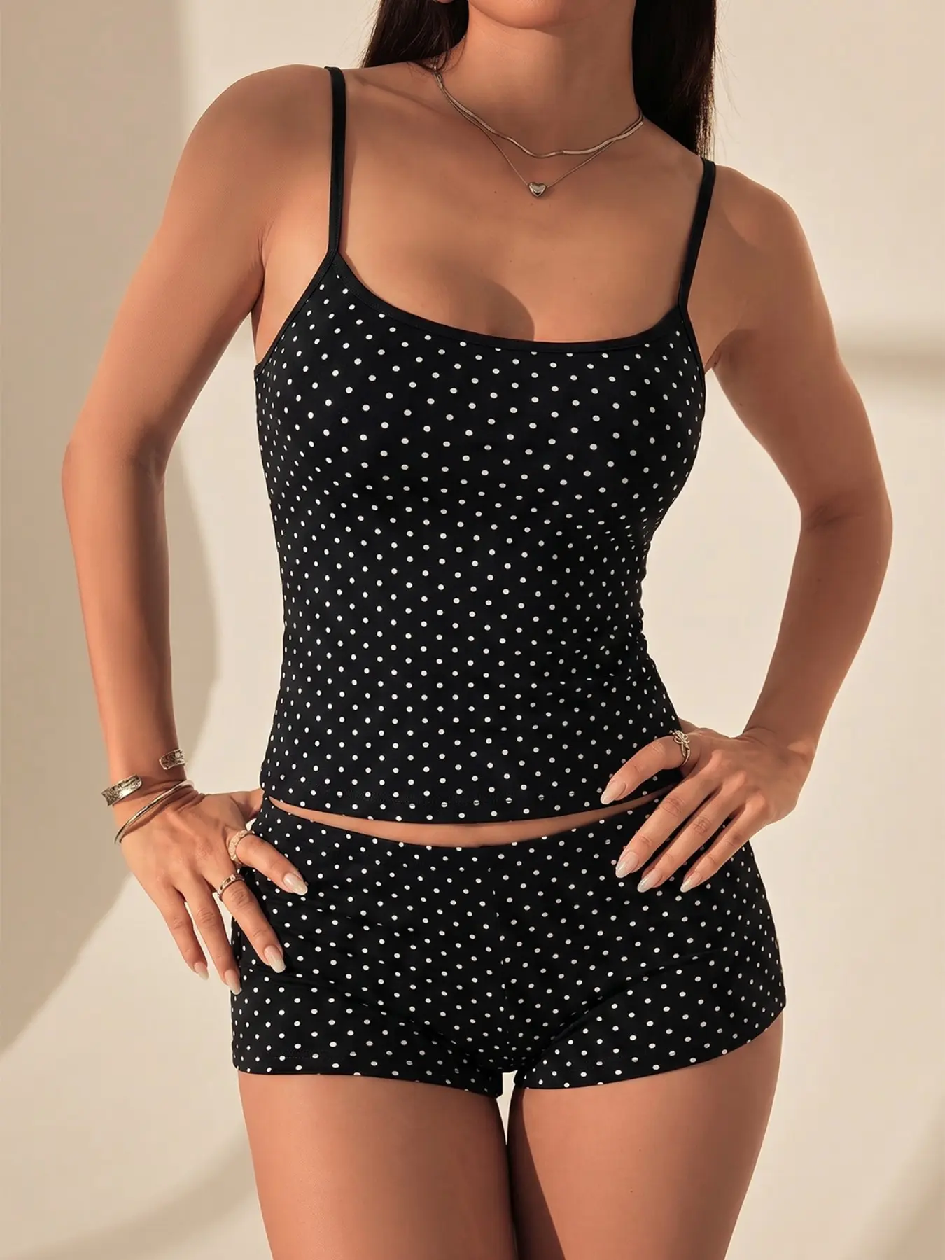 Polka Dot Slim Cami & Shorts Matching Loungewear Set - Soft Fabric, Casual Wear, Spaghetti Strap, 2-Piece Outfit, Breathable, High Waist Shorts, Form-Fitting Silhouette, Trendy Co-Ord Set for Lounging or Errands, Lightweight Material, Easy to Style
