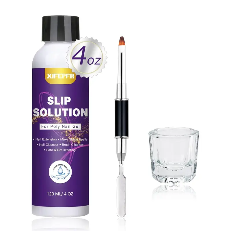 Poly Gel Slip Solution, 1 Set Slip Solution for Polygel Nails, Builder Extension Gel, Anti-stick Poly Extension Gel Liquid Slip Solution Set with Dual-ended Brush & Glass Cup, for Manicure Nail Art, Nail Products