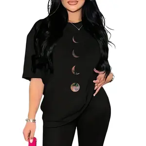 Women's Moon Print Round Neck Tee, Casual Half Sleeve Crew Neck T-shirt for Daily Wear, Ladies Clothes for All Seasons Top Womenswear Basic Fabric