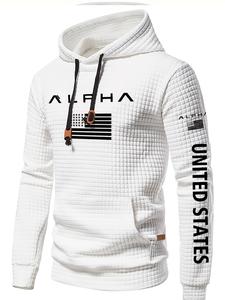 Men's Patriotic American Flag Letter Printed Hoodie - Sexy Slimming Waffle Texture, Machine Washable Spring/Autumn Casual Hoodie, Spring/Autumn Apparel