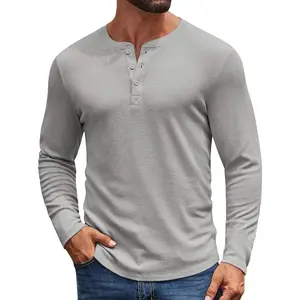 Mens Henley Shirts Long Sleeve Casual Pullover Shirt Fashion Button T-Shirt Menswear Top