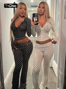 Women's Top & Pants Two-piece Set, Polka Dots Print Zipper Up Extra Long Sleeve Hooded Sweatshirt Top & Flare Leg Long Pants Sets, Casual Sleeves Coat Crop Top With Bottoms Suit, Ladies Spring Fall Winter Trendy Casual Matching Set, Co Ord Sets