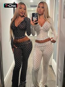 Women's Top & Pants Two-piece Set, Polka Dots Print Zipper Up Extra Long Sleeve Hooded Sweatshirt Top & Flare Leg Long Pants Sets, Casual Sleeves Coat Crop Top With Bottoms Suit, Ladies Spring Fall Winter Trendy Casual Matching Set