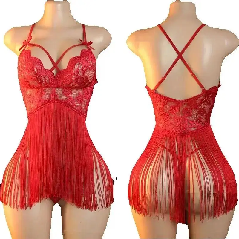 Women's Lace Teddy Bodysuit with Tassels - Sexy Lingerie, Deep V Halter Neck, Fringe, Multi-Size Exotic Apparel