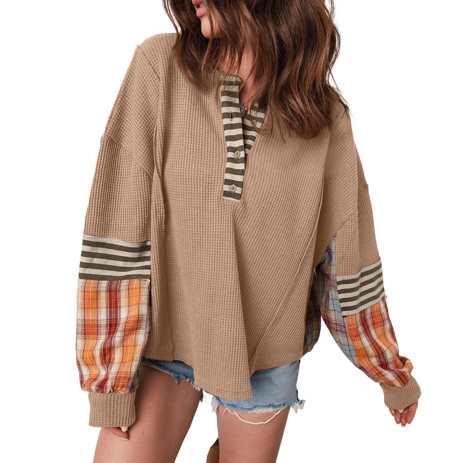 Asvivid Women's Lady Fall Long-Sleeve Loose Knitting Top - Round Neck Henley, Waffle Patchwork Plaid Stripe Fabric, Casual Daily Wear Shirt
