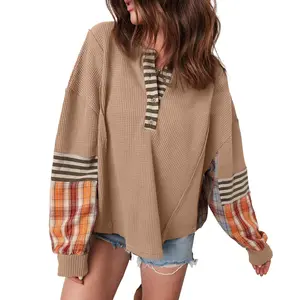 Asvivid Women's Fall Outfits Long Sleeve Plaid Stripe Shirts Top Waffle Patchwork Henley Knit Pullover Blouse Casual Tops