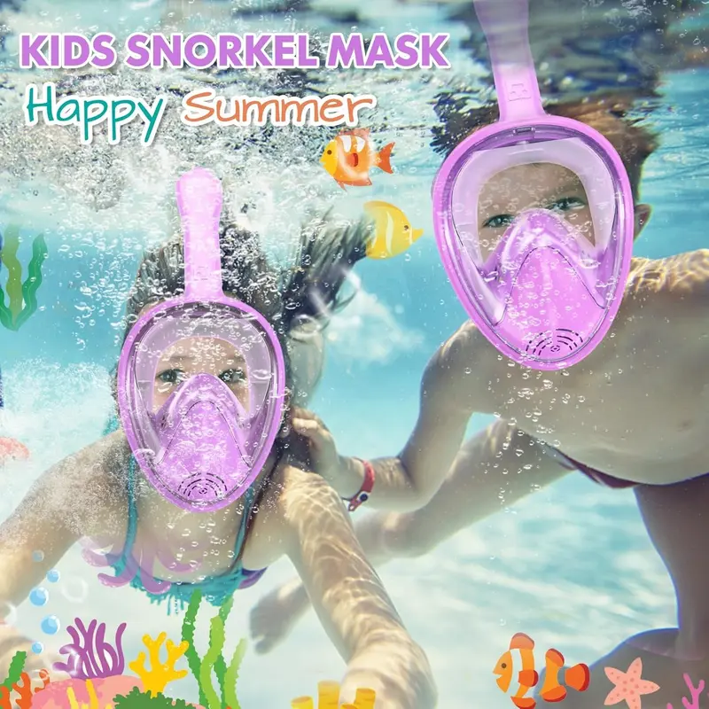 Purple Full-Face Diving Mask for 3-14 Year-Old Boys & Girls Children - 1pc Snorkeling Swimming Gear with Anti-Fog Lens, Leak-Proof Soft Cushioned Seal, 180° Large Panoramic Vision, Camera Holder