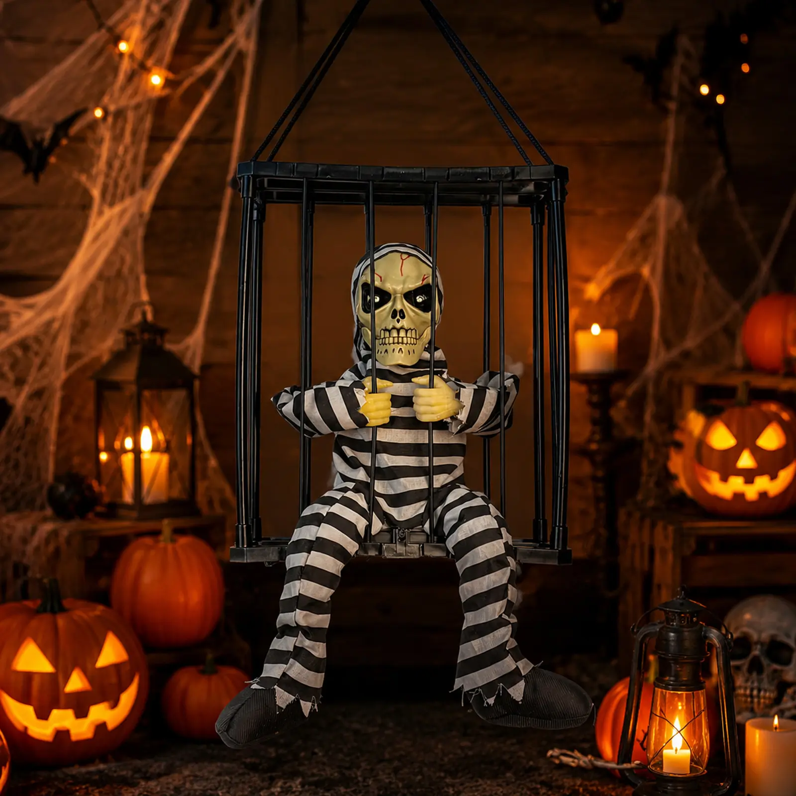 Animated Halloween Decorations with Infrared Sensor, Skull Prisoner | Screaming Sound Effects; Glowing Red Eye; Infrared-activated Scare Experience; Haunted House Atmosphere; Indoor & Outdoor Use
