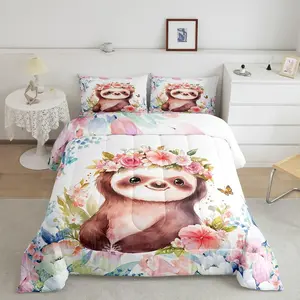 Feelyou Cute Sloth Cartoon Decorative Bedding Set - Animal Inspired Quilts, Flower Floral Print, Farm Zoo Theme, Machine Washable, Multi-Size, Includes Duvet and Comforter for Room Decor