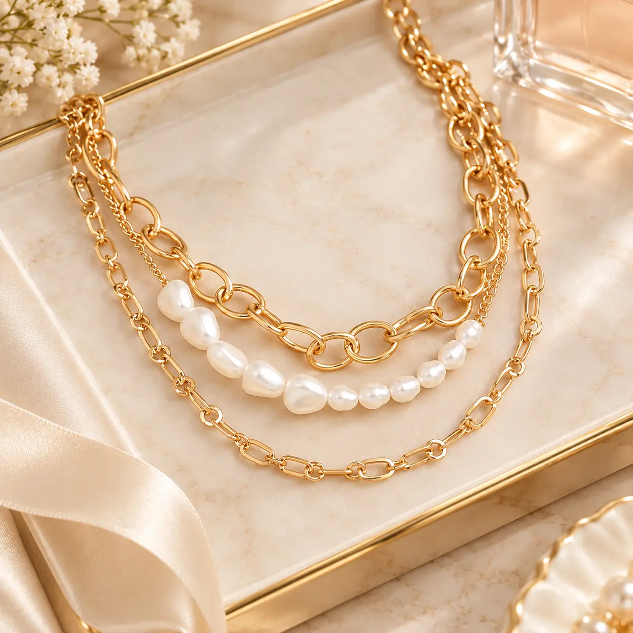 3PCS Layered Necklace for Women, Gold-Tone Chunky Chain & Pearl-Style Beaded Necklace Set, Trendy Multi-Layer Statement Jewelry for Everyday Wear, Parties, Dates & Gifts