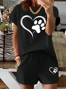 Two-Piece Set Women's Heart & Paw Print Tee & Shorts Set, Casual Fitted Round Neck Short Sleeve T-shirt & Shorts, Ladies Summer Clothes, Womenswear Clothing