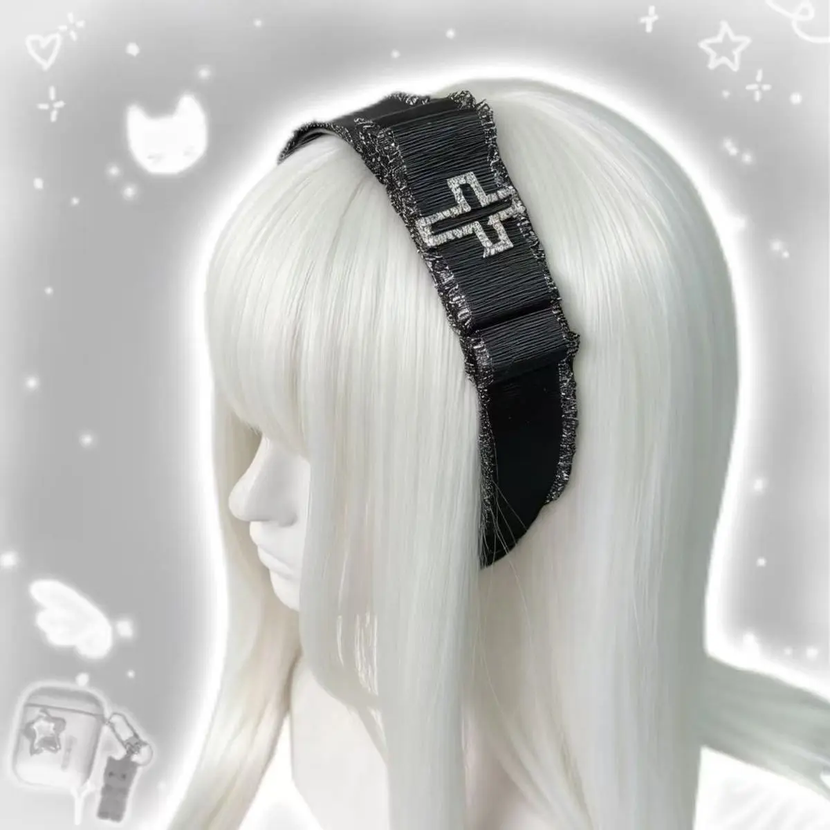 Gothic Headband with Crystal-Studded Cross, Raw-Edge Fabric Lolita Hair Accessory for Alt Goth Girls, Bling Hair Headbands, Crystal-Studded Headbands