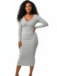 Long Sleeve Wide V Neckline Fitted Dress