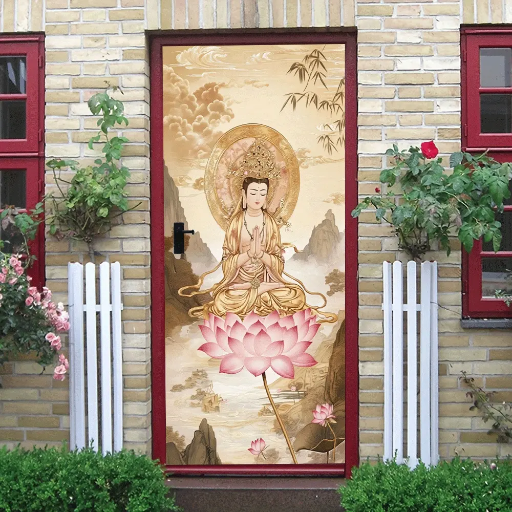 2pcs Guanyin Bodhisattva Lotus Seat Zen Wall Sticker Chinese StyleDecorative Sticker Self Adhesive Waterproof Removable Buddhist Culture Home Decoration Buddha Wall Art for Living Room Bedroom Collage Se