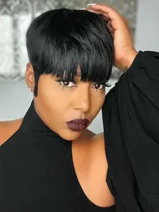 Women's Short Pixie Cut Human Hair Wig, Straight Hair with Bangs, Layered Design, Natural Color, Machine-Made for Daily Wear, Pixie Wigs, Real Hair Wigs