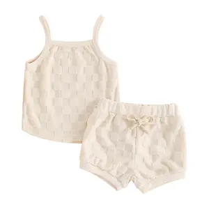 Toddler Baby Girls Knit Summer Outfits Checkerboard Plaids Sweater Vest +Drawstring Bloomer Shorts 2Pcs Clothes Set