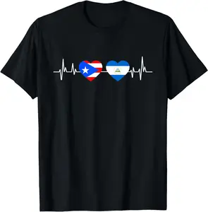 100% Cotton Top Nicaragua Puerto Rico Heartbeat Nicaraguan Nicaragua Flag T-Shirt