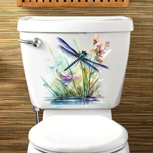 Summervibes4pcs Peach Blossom Edge Vivid Dragonfly Toilet Decal, Waterproof Floral Bathroom Decoration, Elegant Detachable Art for Home Aesthetics, Room Decor
