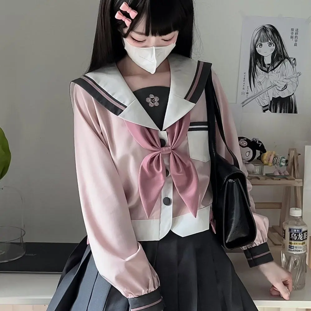 Japanese JK Sailor Suit Costumes - Pink, Navy Collar, College-Style Short Skirt Set with Bow Tie, Cute High School Student Clothes for Girl Cosplay