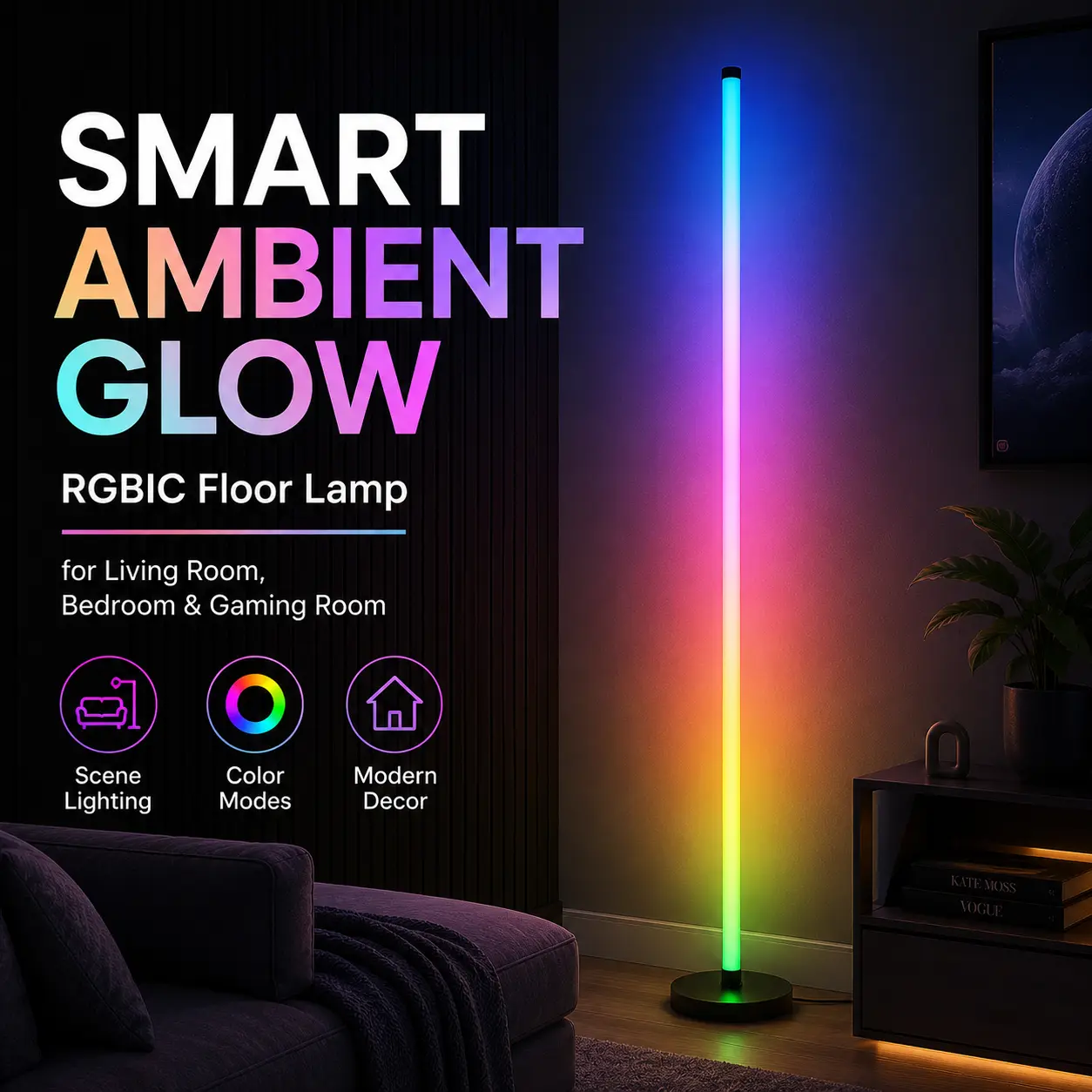 1PC/2PCS Smart RGBIC Floor Lamp with Music Sync, App & Remote Control Color Changing LED Corner Light for Gaming Room, Bedroom and Entertainment Setup