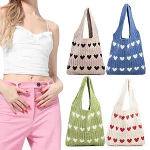 Women Knit Tote Bag Color Blocking Lightweight Handbag Versatile Shoulder Storage Bag Crochet Satchel Bag Commuting Bag Polystyrene Polster Stylish Tote Bag Textured Bag