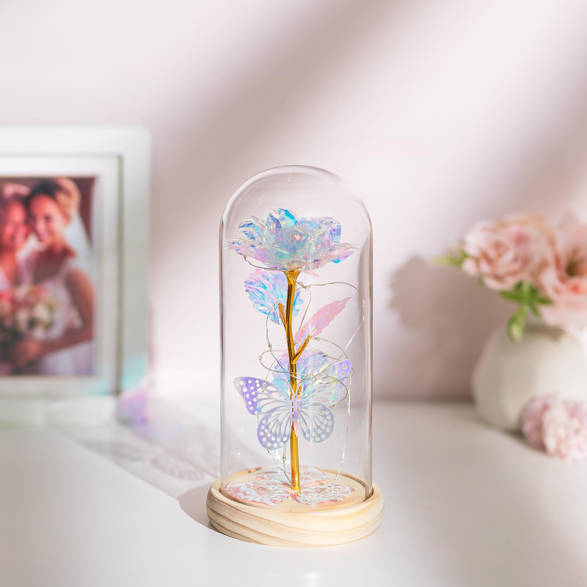 Glasseam Galaxy Glass Rose Forever Eternal Crystal Flowers Roses in Glass Dome with Butterfly Mother's Day Gifts for Women Daughter Mom Wife Girlfriend