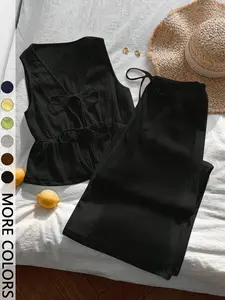 Women's Sleeveless Top & Wide Leg Pants Set, Casual Loose Fit Design, Womenswear, Perfect for Daily Wear & Commuting Comfort