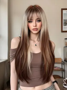 26 Inch Long Straight Wig with Bangs, Straight Synthetic Wigs, Natural Daily Wear Synthetic Hairpiece for Women, Perfect for Everyday Use