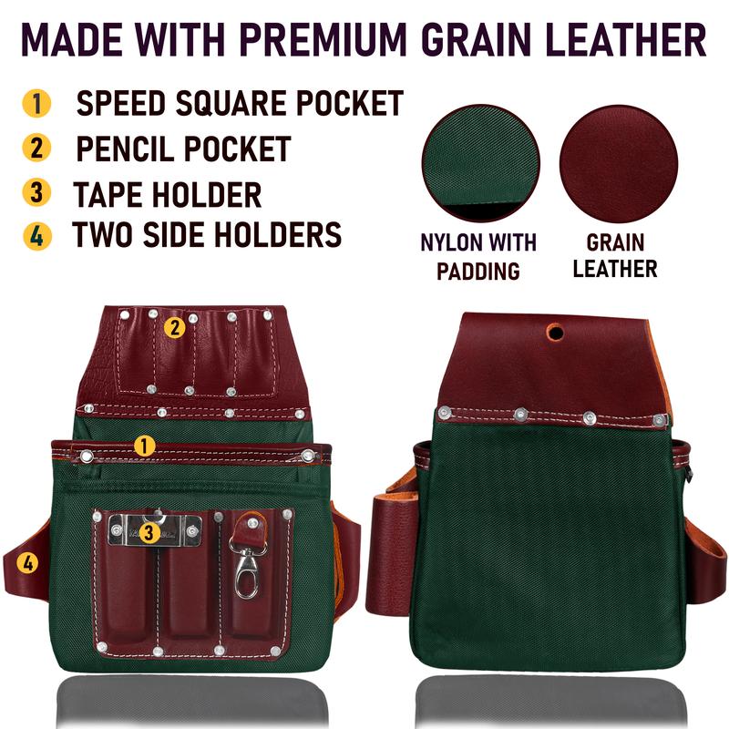 FUERI Heavy Duty Tool Belt for Men 26 Pockets Green & Maroon Nylon Leather Organizer Carpenter Construction Electrician Framing Belt Bag Pouch