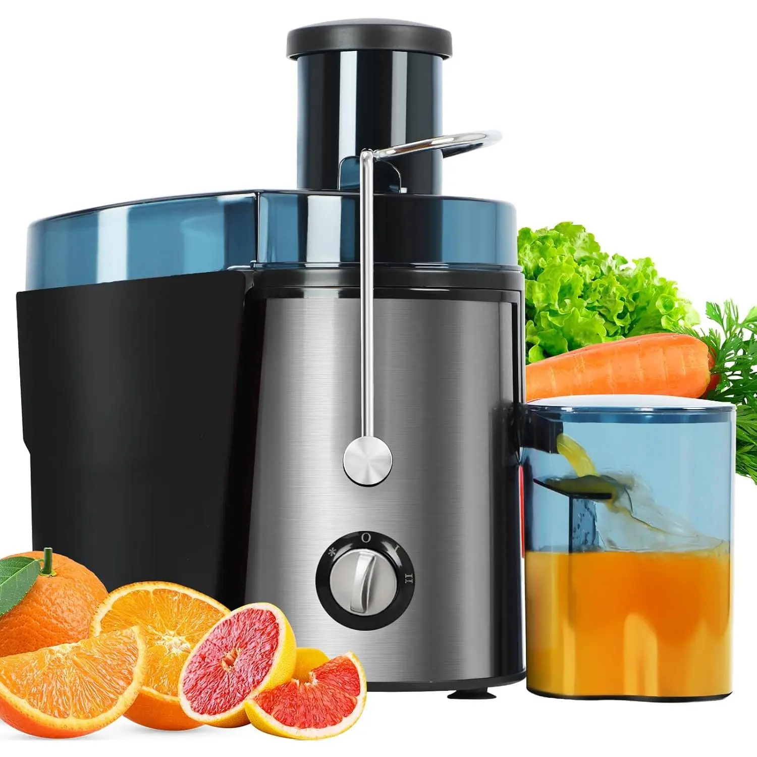 Suitable for fruits and vegetables, wide mouth 2.5inch feed chute centrifugal juicer, easy to clean, stainless steel material, BPA-free (Silver)
