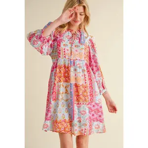 Jodifl Patchwork Print Frilled Neckline Self Tie Dress with 3/4 Balloon Sleeves