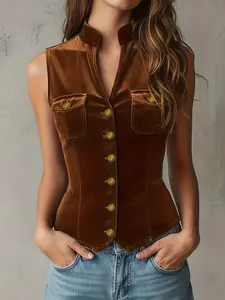 Elegant Solid Color Velvet Stand Collar Open Front Button Pocket Slim Fit Sleeveless Women's Vest, Multi-Season Wearable Layering Piece