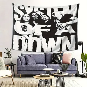 Decadent System Series Wall Hanging Tapestry - Black and White Band Decor with SYSTEM OF DOWN text, No Electricity Needed Horizontal Poster for Bedroom, Living Room, Dorm - Modern Industrial Chic Room Decoration Print